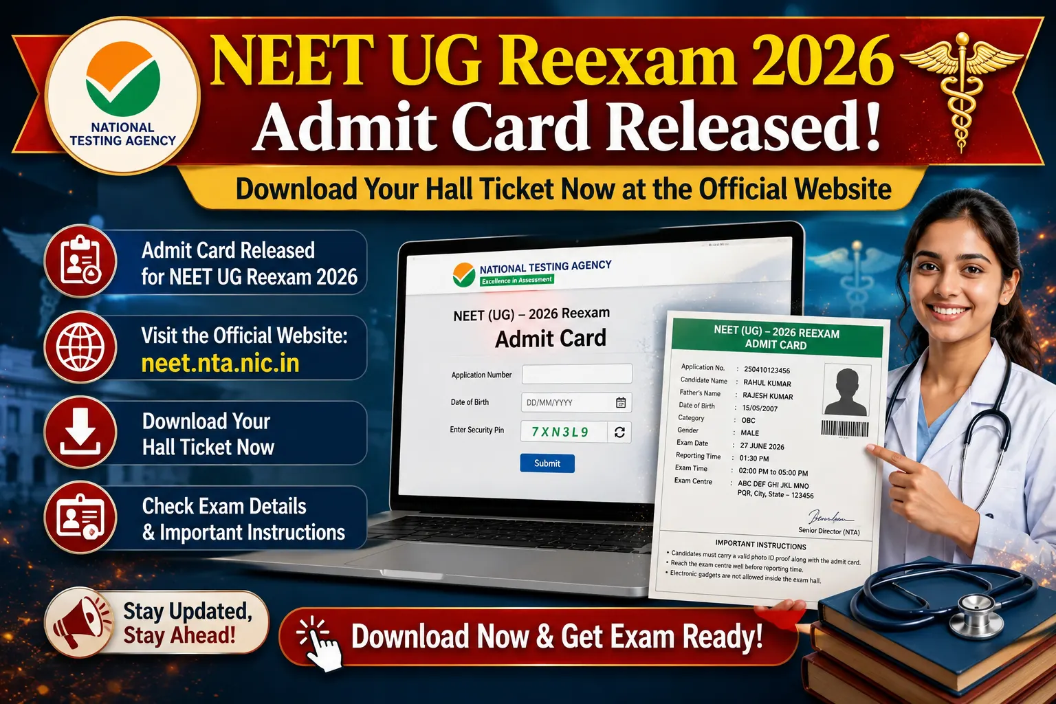 NEET UG Reexam 2026 admit card released at NEET official website. Download hall ticket here